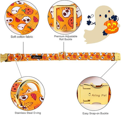 ARING PET Halloween Dog Collar-Cotton Pumpkin Dog Collar with Flower, Adjustable Halloween Themed Dog Collars Pet Necklace with Metal Buckle for Girl&Boy Dogs