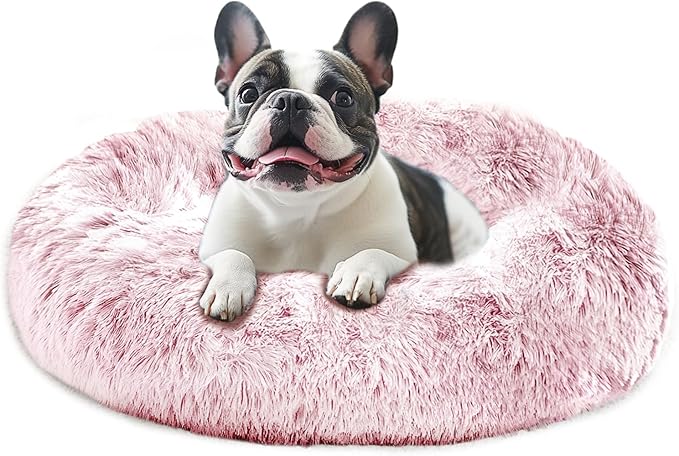 JOLLYVOGUE Donut Dog Bed for Medium Dogs, Anti-Anxiety Washable Round Bed, Calming Donut Dog Cat Bed for Puppy Bed, Fluffy Dog Beds for Large Dogs, Round Puppy Bed for Indoor Pet (31"/Smoke Pink