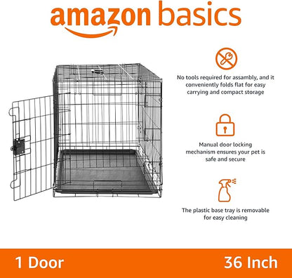 Amazon Basics Durable, Foldable, Collapsible, Portable Metal Wire Dog Crate with Tray, Single Door with Divider Panel, Easy to Assemble & Clean, 36 x 23 x 25 in, Black