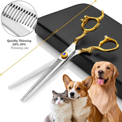 Dog Grooming Scissors,Thinning Shear Chunkers Shears and Curved scissors with Safety Round Tips,Sharp 3 in 1 Dog Scissors for Grooming