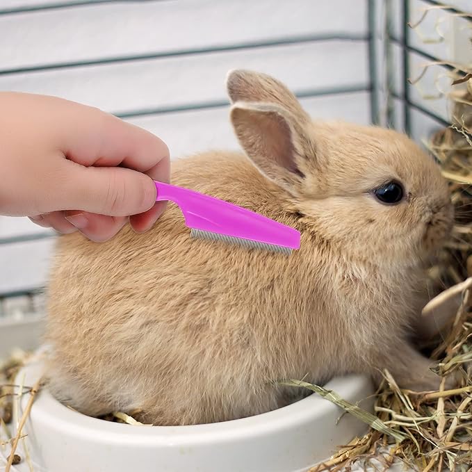4 Pieces Bunny Grooming Kit with Rabbit Grooming Brush Pet Hair Remover Pet Nail Clipper Pet Comb Shampoo Bath Brush with Adjustable Ring Handle for Rabbit Hamster Bunny (Pink, Red)