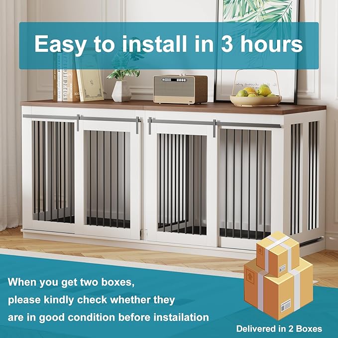 Large Dog Crate Furniture, 71" Wooden Dog Kennel for 2 Dogs, Heavy Duty Furniture Style Dog House with Divider & 2 Trays,Decorative Dog Crate Table Indoor Tv Stand