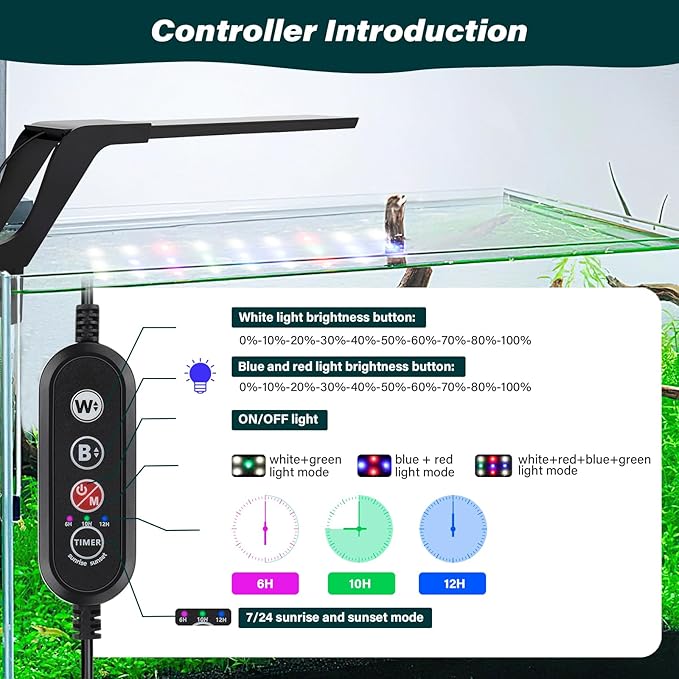AQQA Aquarium Clip On Light,Fish Tank Full Spectrum LED Light,24/7 Sunrise Sunrise Mode+10 Adjustable Brightness Levels+Detachable Bracket+RGB LEDs + USB and Adapter,for Freshwater (11W)