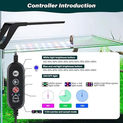 AQQA Aquarium Clip On Light,Fish Tank Full Spectrum LED Light,24/7 Sunrise Sunrise Mode+10 Adjustable Brightness Levels+Detachable Bracket+RGB LEDs + USB and Adapter,for Freshwater (11W)