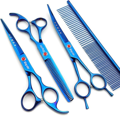 7.0in Titanium Professional Pet Grooming Scissors Set,Straight & Thinning & Curved Scissors 3pcs Set for Dog Grooming,A350 (Blue)