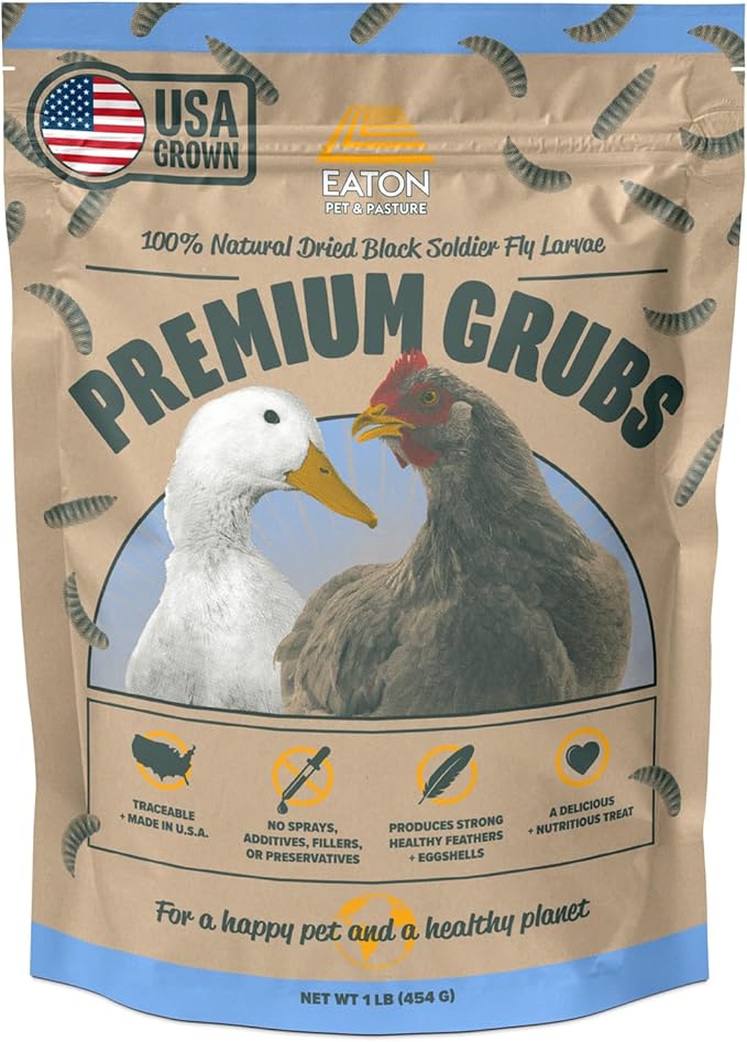 Eaton Pet and Pasture Premium Grubs, USA Grown Dried Black Soldier Fly Larvae, High Calcium Treat for Chickens, Ducks, Wild Birds (1 LB)