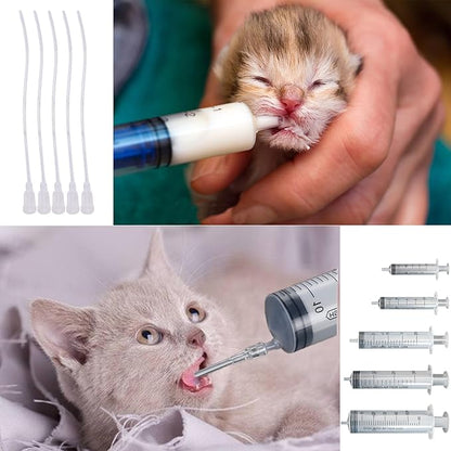 11 Pcs Puppy Kitten Feeding Tube Kit, Pet Feeding Supplies Kit Includes 5 Pcs Kitten Feeding Syringe 5 ML 10 ML 20 ML 30 ML 60 ML 5 Pcs 8 FR Transparently Feeding Tubes, Bulb Syringe for Small Animals