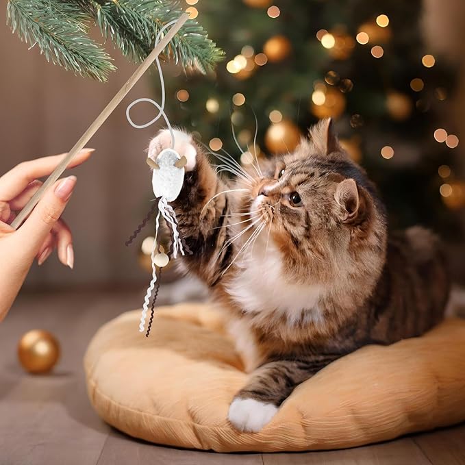 NOWFRESH Cat Wand Toy Set, 2 PCS Interactive Cat Teaser Wands with Cute Octopus & Lion Designs, Equipped with Bells and Streamers to Captivate Your Cat’s Attention