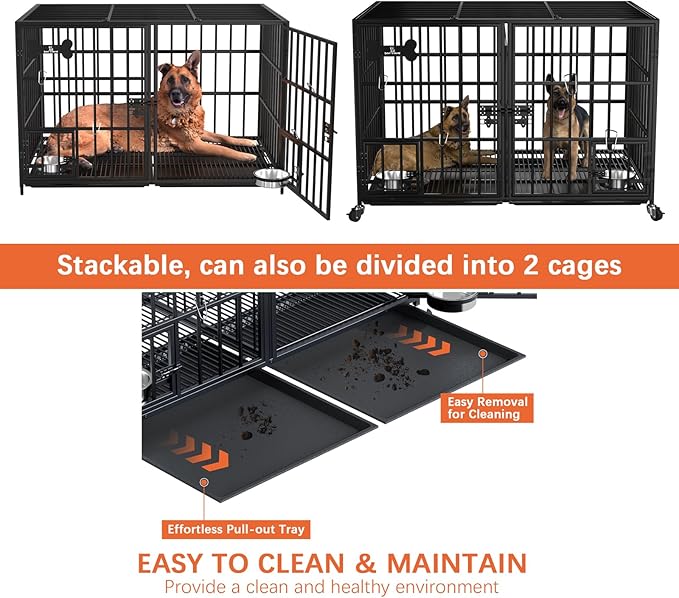 Dosker 42 inch Stackable Heavy Duty Metal Dog Crate for 4 Dogs/Large Dog,All Metal Open Top Access,Escape Proof Cage,Dog Kennel Indoor with Wheels,Floor Grid, Tray, Divider and Feeding Bowl