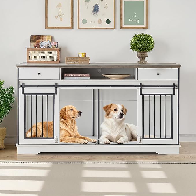 Rovibek 66" Double Dog Crate Furniture, Large Dog Kennel Furniture TV Stand for 2 Dogs, Furniture Style Dog Crates End Table, Wood Crates for Dogs White