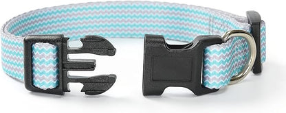 Mile High Life Dog Collar | Cute Puppy Collars | Lightweight Girl Dog Collar | Soft Boy Dog Collars | w Geometric Plaid Wave Line Pattern (Green Wave, Large)