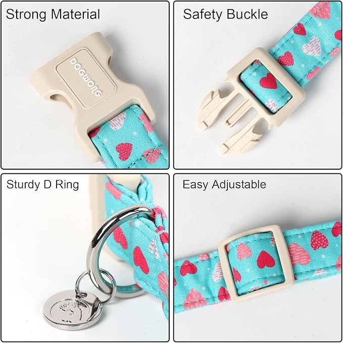 DOGWONG Valentine's Dog Collar - Blue Heart Adjustable Cotton Heart Dog Collar - Perfect for Extra Small, Small, Medium, Large Dogs