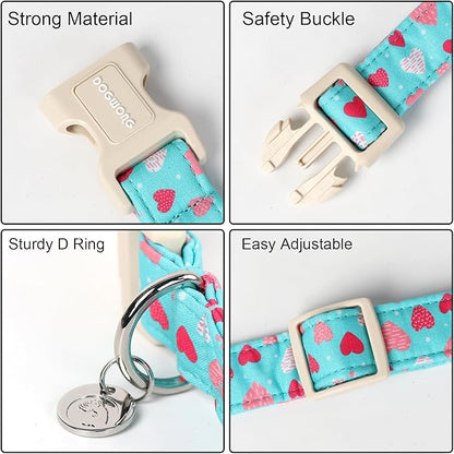 DOGWONG Valentine's Dog Collar - Blue Heart Adjustable Cotton Heart Dog Collar - Perfect for Small to Medium Dogs