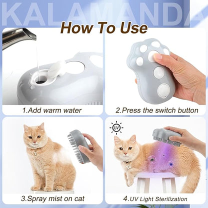 Cat Steam Brush for Shedding, 4 in 1 Steamy Cat Brush with Cleanser, Dog Massage Grooming Brush with Release Button, Pet Hair Cleaning Misting Comb for Kitten(Grey Paw)