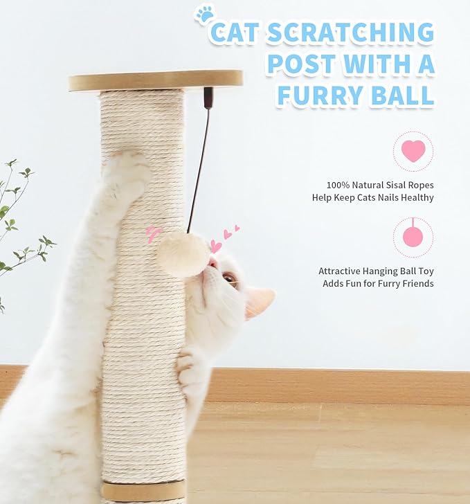 Made4Pets Cat Scratching Post Cat Scratcher Kitten Toys for Indoor Cats Wooden Ball Track Two-Layer Modern Sisal 32" Tall Scratch Post Interactive Toy with Dangling Ball Large Size