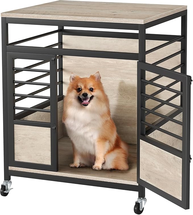 DWVO Dog Crate Furniture, 23.6 Inch Dog Kennel Indoor Furniture End Table for Small Dogs, Modern Decorative Cage Wooden Dogs Crate Furniture with Wheels, Chew-Resistant, Grey