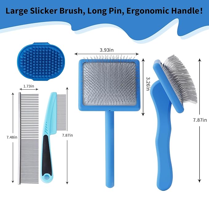 Dog Slicker Brush for Long Haired Dogs Doodle Brush for Dogs Large Dog Slicker Brush for Goldendoodles with Ergonomic Solid Wooden Handle Long Pin Grooming Brush for Dogs (Blue)