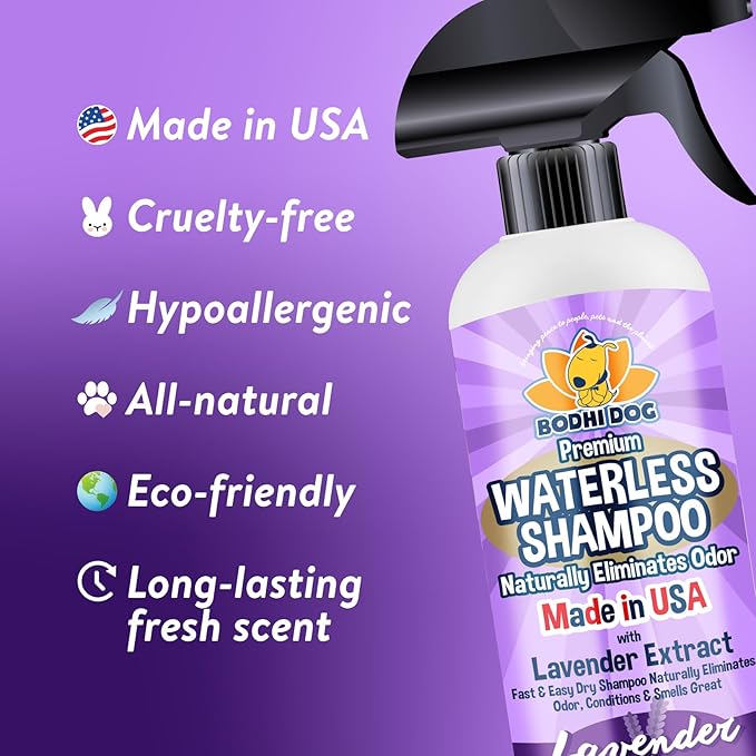 Bodhi Dog Waterless Shampoo - Natural Dry Shampoo for Dogs & Cats - Neutralizes Pet Odor - No Rinse Required - Made of Natural Extracts - Safe for Sensitive Skin - Made in USA - Lavender (17 Fl Oz)