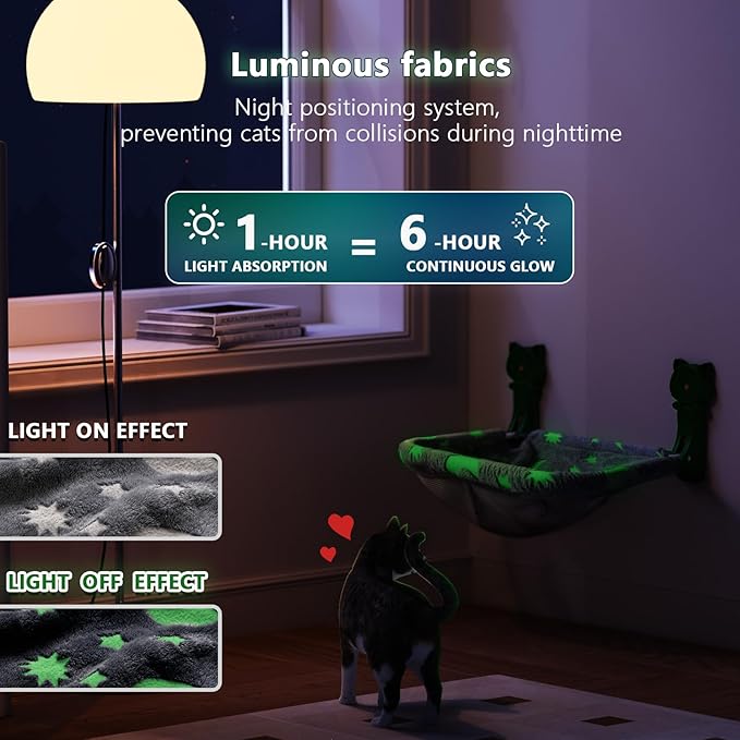 Cat Window Perch Cordless, Glow in The Dark & Stable Cat Beds- Breathable Window Hammock for Overlooking, Sunbathing and Climbing - Maximum Hold Up to 40lb(Grey+Cream)