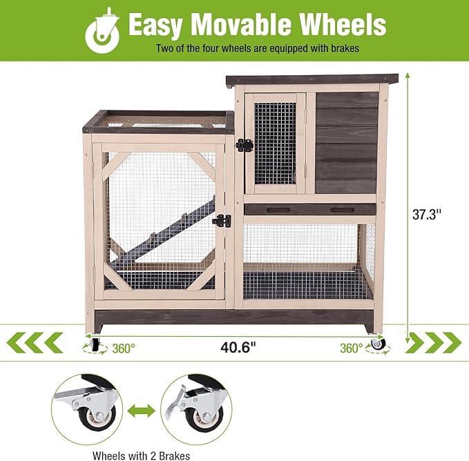 GUTINNEEN Rabbit Hutch Indoor 2 Story with 3 Doors, Outdoor Bunny Cage with Movable Wheels and Easy Clean Trays for Guinea Pig Cage 40.6" L
