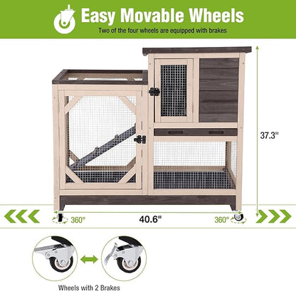 GUTINNEEN Rabbit Hutch Indoor 2 Story with 3 Doors, Outdoor Bunny Cage with Movable Wheels and Easy Clean Trays for Guinea Pig Cage 40.6" L