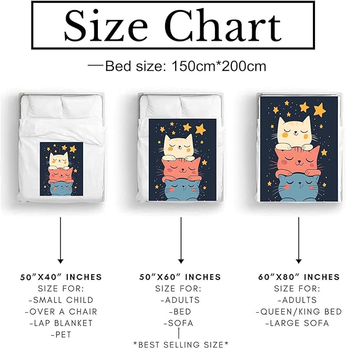 Stacked Cats Blanket Soft Cozy Flannel Throw Blanket, Warm Yet Lightweight Cute Cartoon Kittens Blankets for Travel, Couch, Bed, for Adults Kids Women Girls, Fuzzy Outdoor Comfort Wrap 60"×50"
