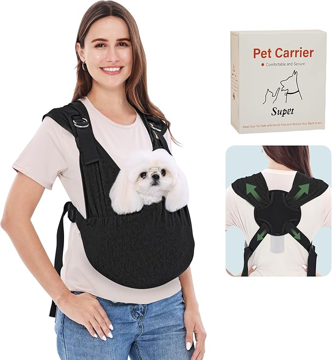 Supet Dog Sling Carrier for Small Dogs, Anti-Anxiety Hands Free Cat Sling Carrier, Soft Cotton Front Facing Dog Carrier, Adjustable Swaddle Wrap, Reducing Back Neck Neck Pain(Regular, Black)