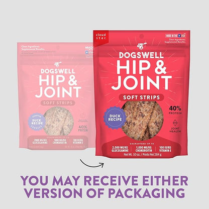 DOGSWELL Hip & Joint Dog Treats 100% Meaty, Grain Free, Glucosamine Chondroitin & Omega 3, Duck Soft Strips 10 oz