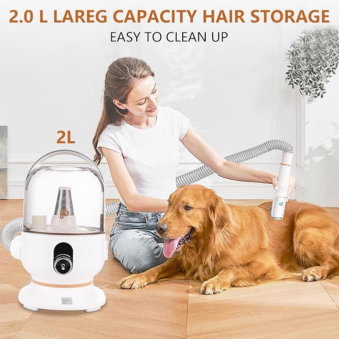 IDEALHOUSE Dog Hair Vacuum and Grooming Kit, 2L Dust Cup with 5 Grooming Tools, High Suction Power for Shedding Pet Hair, Low Noise for Stress-Free Grooming, Home Cleaning, White and Orange