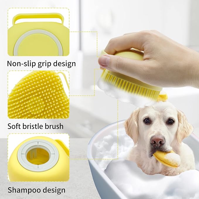 WishLotus Pet Bath Brush, Soft Silicone Cat Grooming Brush Dog Bath Massage Brush Shampoo Dispenser Heart-Shaped Multifunctional Bath Brush for Pet Bath Shower Accessories (Heart-Yellow)