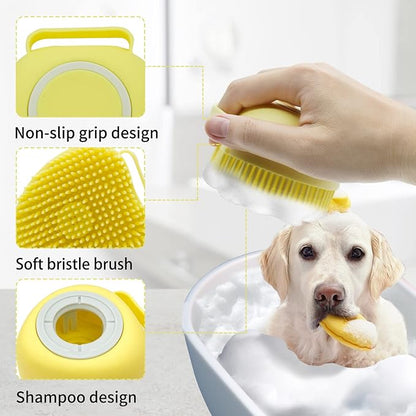 WishLotus Pet Bath Brush, Soft Silicone Cat Grooming Brush Dog Bath Massage Brush Shampoo Dispenser Heart-Shaped Multifunctional Bath Brush for Pet Bath Shower Accessories (Heart-Yellow)
