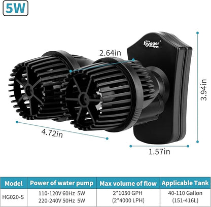 hygger 2100GPH Double Head Aquarium Wave Maker, Quiet 5W Aquarium Circulation Pump, with Strong Magnetic Suction Base, 360°Adjustable Power Head, for 40~110 Gal Tank