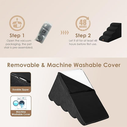 EHEYCIGA Curved Dog Stairs Ramp for High Beds 19.7" H, 4-Step Dog Steps for Small Dogs and Cats, Pet Stairs for High Bed Climbing, Non-Slip Balanced Pet Step Indoor, Black