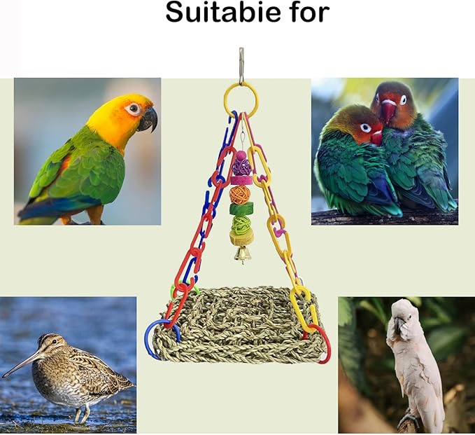 Bird Seagrass Mat,Natural Sea-Weed Woven Parrot Hammock Swing Mats Birds Foraging Wall Colorful Chewing Toy Lovebird Movable Hanging Hammocks Rocking Toys Parakeets Climbing Pad