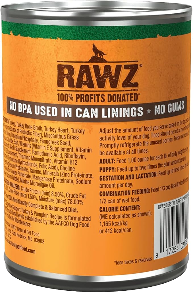Rawz Natural Pet Food, Digestive Support Canned Dog Food, 12.5 Ounce (Turkey/Pumpkin) Case of 12 Cans