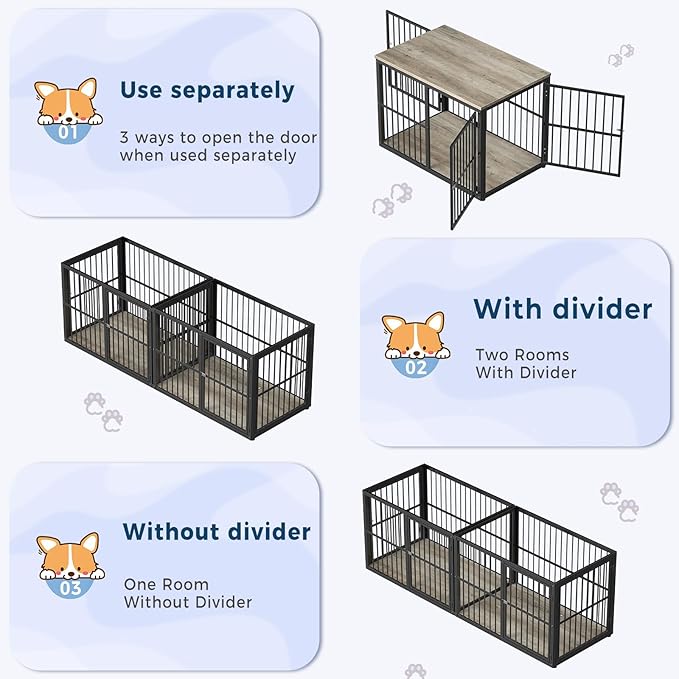 86.62''Dog Crate Furniture Large Breed TV Stand with Double Rooms,Wooden Dog Kennel Dog Crate End Table with Removable Divider for Large Medium Dogs, Can Use Separately