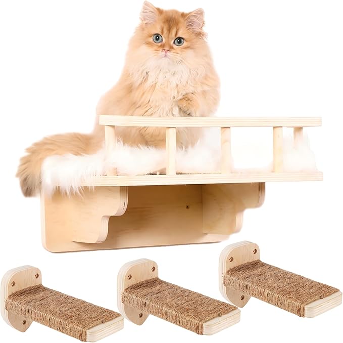 Cat Wall Shelf with 3 Cat Wall Steps,Cat Wall Shelves with Plush Coverd,Cat Climbing Shelf for Indoor Cat,Cat Wall Furniture Cat Shelf for Wall (Wood)