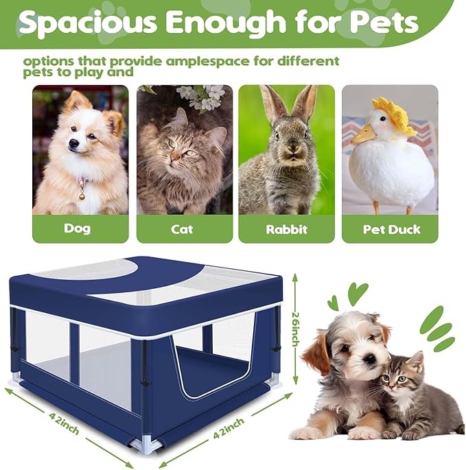 Dog Playpen with Cover, 42x42x25.6 Inches Foldable Portable Soft Puppy Playpen with Gate, Thickened Fabric Mesh Dog Fence with High-Strength Nylon Wire Mesh, Indoor Outdoor Breathable Exercise Cage