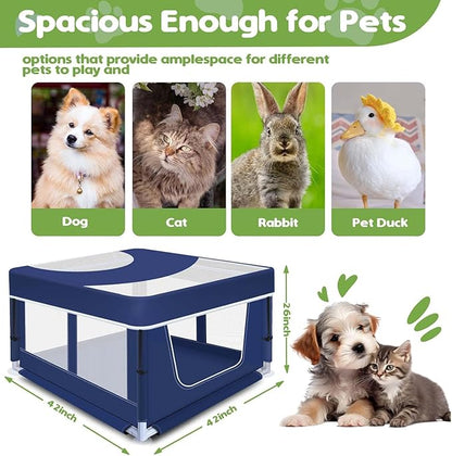 Dog Playpen with Cover, 42x42x25.6 Inches Foldable Portable Soft Puppy Playpen with Gate, Thickened Fabric Mesh Dog Fence with High-Strength Nylon Wire Mesh, Indoor Outdoor Breathable Exercise Cage