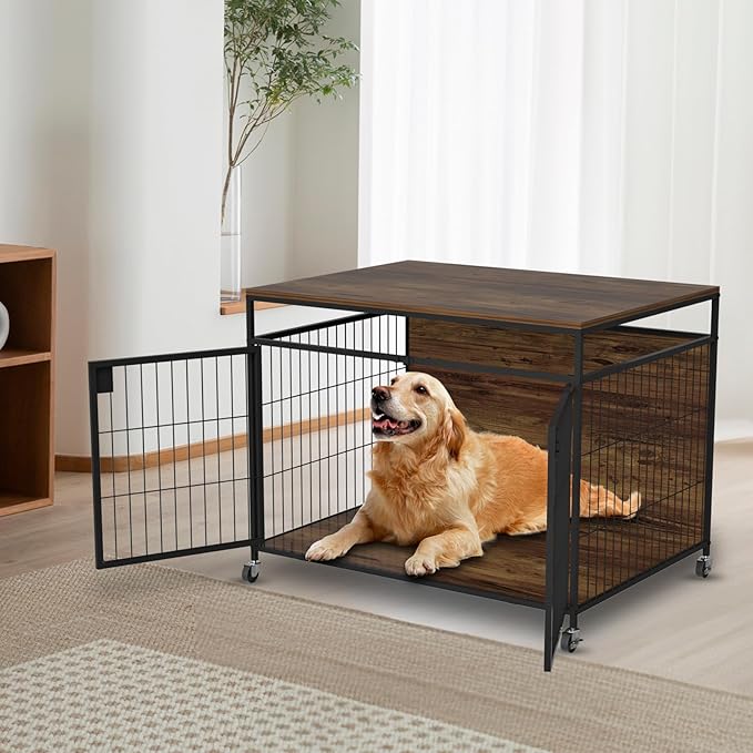 Dog Crate Furniture for Large Dogs, Wooden Dog Kennel with Double Doors, Heavy Duty End Table Dog Crate for Dogs Indoor, Rotating Wheels or Foot Pads,39.4" L x 28.3" W x 31.7" H