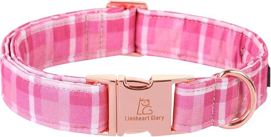 Lionheart glory Valentine's Day Collar, Pink Plaid Dog Collar for Large Cute Dog Collars Spring Female Pet Gift Adjustable Heavy-Duty Dog Collar Holiday