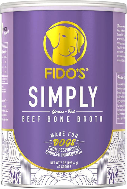 Fido's Grass-Fed Beef Bone Broth for Dogs 7oz with 94% Protein - Picky Eaters Human Grade Bone Broth Powder for Dogs - Made in USA - No Preservatives - Supports Joints + Gut Health - 60 Scoops