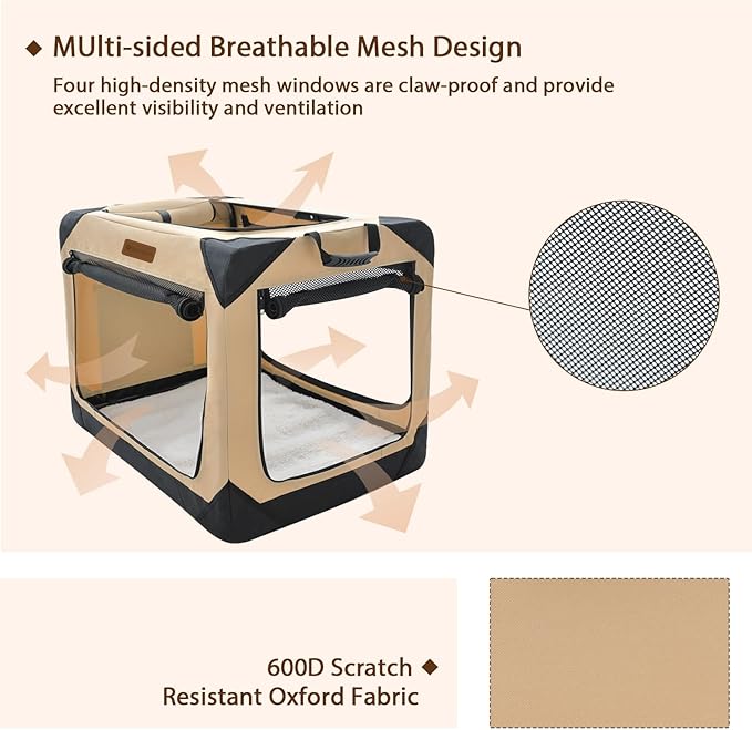 36 Inch Collapsible Soft Dog Crate for Large Dogs, 4-Door Foldable Travel Dog Kennel with Durable Mesh Windows for Indoor & Outdoor Portable Pet Crate, Soft Side Dog Crate, Beige