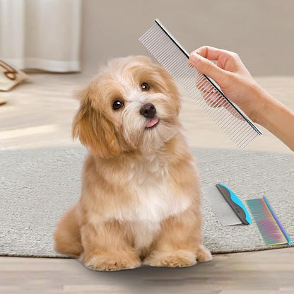 3 PCS Dog Combs for Grooming Matting, Pet Grooming Tools, 2 in 1 Dog Combs with Rounded Ends Stainless Steel Teeth, Cat Comb for Removing Tangles and Knots, Pet Comb, metal comb for dogs, 7.4IN/1.3IN