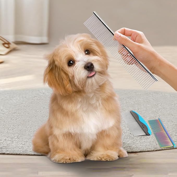 3 PCS Dog Combs for Grooming Matting, Pet Grooming Tools, 2 in 1 Dog Combs with Rounded Ends Stainless Steel Teeth, Cat Comb for Removing Tangles and Knots, Pet Comb, metal comb for dogs, 7.4IN/1.3IN