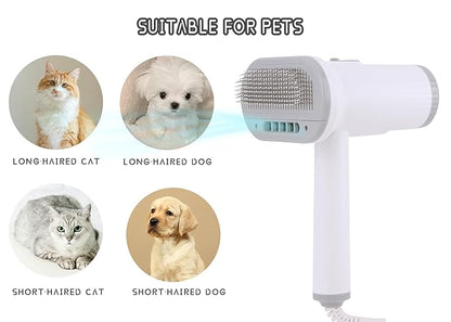 2-in-1 Dog Hair Dryer and Brush - Low Noise Operation, Overheating Protection, 3 Temperature & Airflow Settings, Self-Cleaning Button - Ideal Dog Brush for Short Haired Dogs (White Grey)