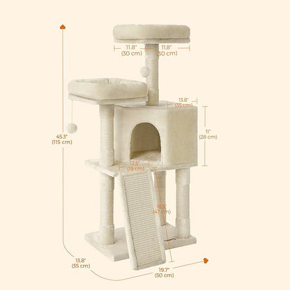 Feandrea Cat Tower, 45.3-Inch Cat Condo with Scratching Post, Ramp, Perch, Spacious Cat Cave, for Kittens, Elderly Cats, Adult Cats, Small Space, Beige UPCT141M01