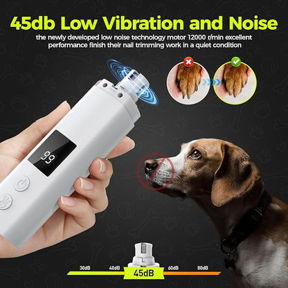 Dog Nail Grinder Quiet - 45db 4 Speed 4 Ports 12000 r/min USB Rechargeable Electric Professional Pet Dog Nail Trimmers with LED Lights for Large Medium Small Puppy Dogs/Cats - White