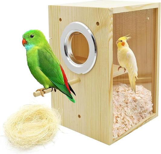 Vertical Parakeet Nesting Box,Transparent Bird Nesting Box Natural Wood Parakeet House for Cage Clear Acrylic Budgie Breeding Nest for Lovebird,Cockatiel,Parrot,Budgie,Conure,Finch