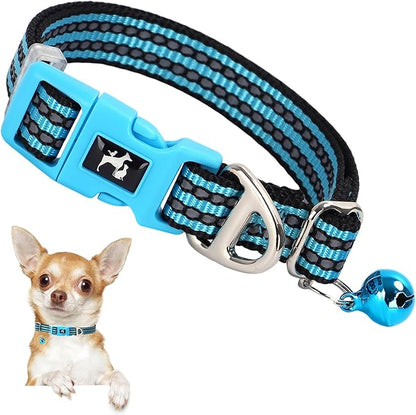 Reflective Dog Collar with Bell - Hypoallergenic Adjustable Nylon Puppy Collar for Night Safety, Soft Comfort Fit Small Dogs & Cats, Blue X-Small